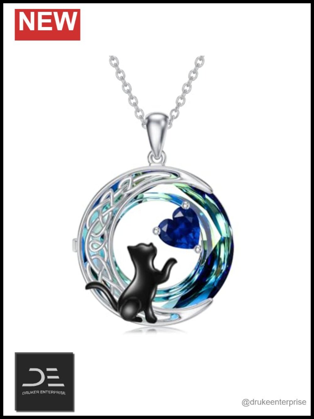 925 Sterling Silver Black Cat Sapphire Pendant Necklace Celtic Moon Jewelry Gift
